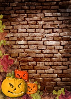 Fall leaves with pumpkin on wall Brick brown background