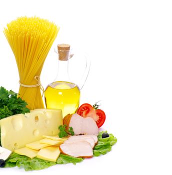 Ingredients for cooking italian pasta over white