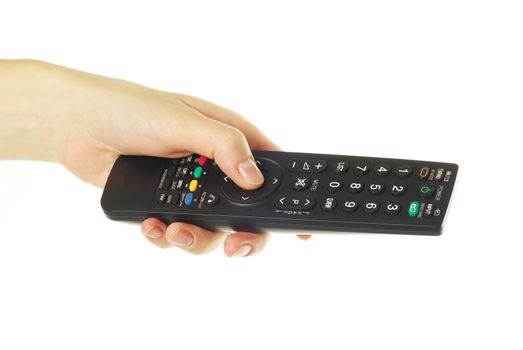remote control in hand isolated on white background