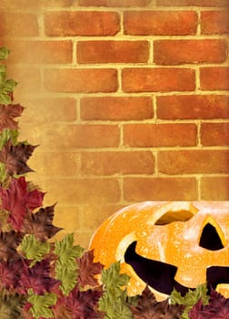 Fall leaves with pumpkin on wall Brick brown background