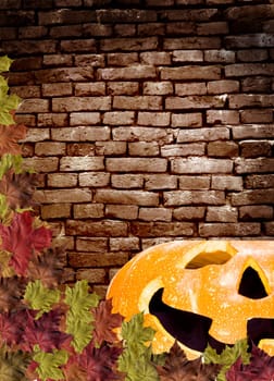 Fall leaves with pumpkin on wall Brick brown background