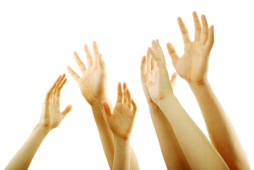 Many hand lifted up on white background