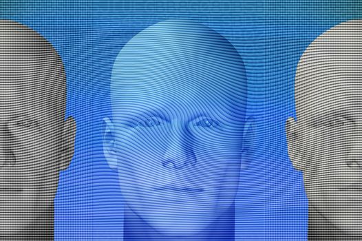 Futuristic male figures and abstract shapes. 3d digitally created futuristic illustration.