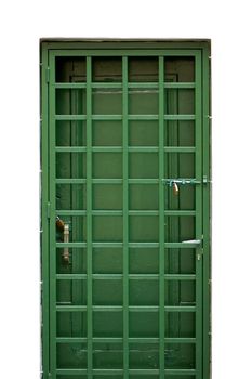 Green door and locked protective metal frame.