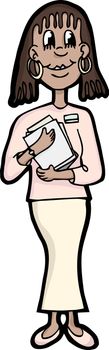 Cute cartoon female office worker hold stack of papers
