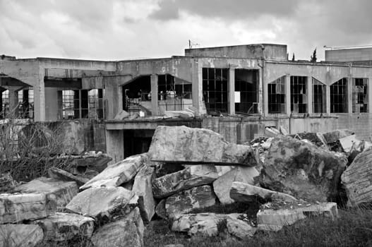 Old marble processing factory. Black and white.