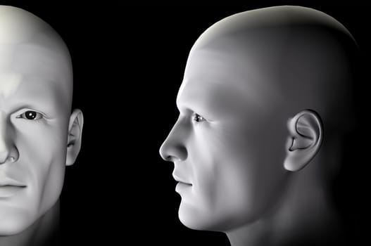 Male figure profile and portrait on black background. Digitally created 3d illustration.