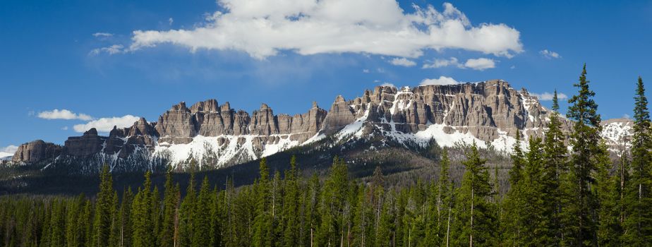 Panorama of the Pinnacle Buttes and coniferous forest, Bridger-Teton National Forest, Fremont County, Wyoming, USA