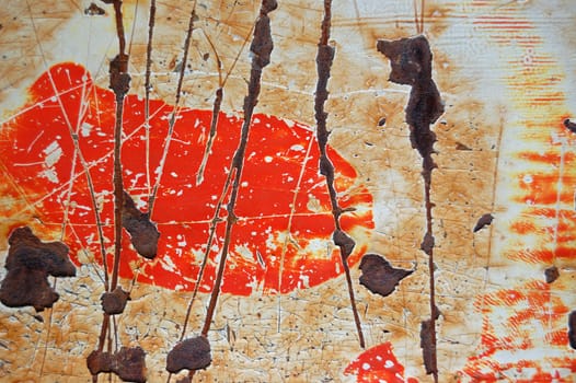 Rusty metal surface with scratched paint stains.