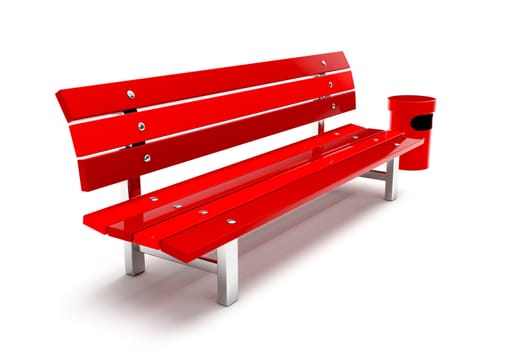 Red bench and bin, isolated on white. 3d illustration.