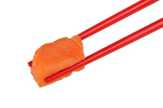 salmon in the red chopstick isolated on a white background