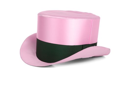 Pink top hat with brown dark ribbon on white background.