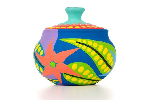 Colored clay pot isolated on white background.