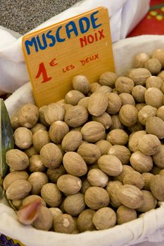 nutmegs, street market in Castellane, Provence, France