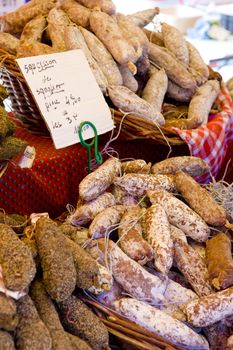 sausages, street market in Castellane, Provence, France