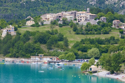 Castillon Barrier with village of Saint Julien du Verdon, Provence, France