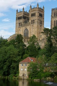 Durham Cathedral overlooking the river with a pump house