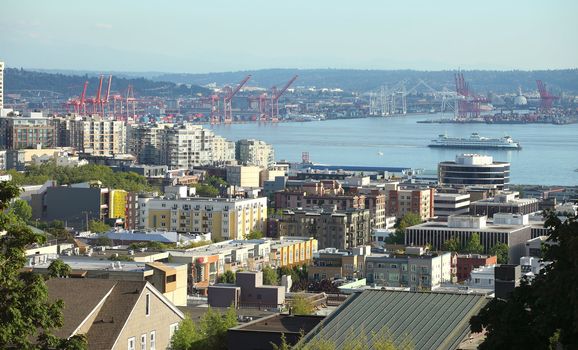 The Port of Seattle and its surroundings a commercial neighborhood.