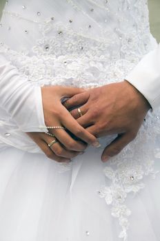 Hands of newlyweds on the background of the bride dresses.