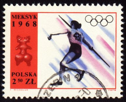 POLAND - CIRCA 1968: A post stamp printed in Poland shows javelin throwing, devoted to Olympic games in Mexico, series, circa 1968