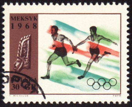 POLAND - CIRCA 1968: A post stamp printed in Poland shows relay race, devoted to Olympic games in Mexico, series, circa 1968