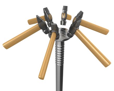 Few small hammers try to hit huge nail, isolated on white background