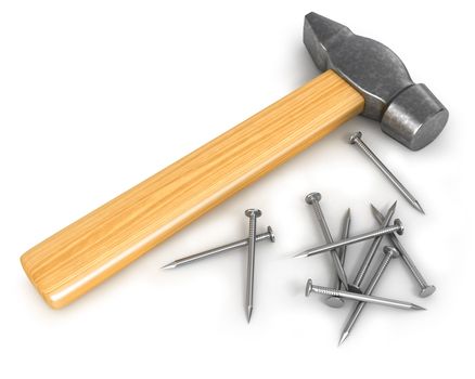 Hammer with few nails isolated on white background