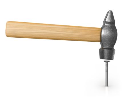 Shiny new hammer hitting the nail isolated on white background, side view