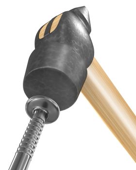 Shiny new hammer hitting the nail isolated on white background, closeup, bottom view