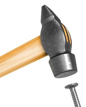 Shiny new hammer hitting the nail isolated on white background, closeup