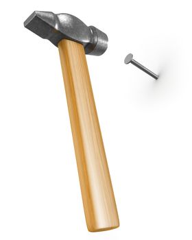 Shiny new hammer hitting the nail isolated on white background