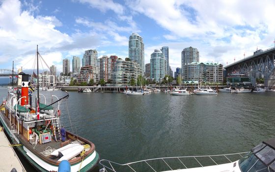 A panorama of False Creek and Vancouver BC syline.