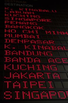 flight schedule in airport, destination such as Bangkok, Ho Chi Mnh city, Mumbai, Jakarta, Taipei and others can be seen.