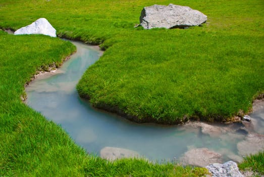 Outdoors. Beautiful river on the green field