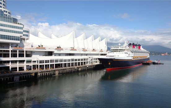 Moored cruise ship in Canada Place Vancouver BC Canada port of entry.