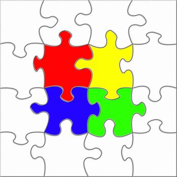 a puzzle assembly with red,yellow,blue ,green color pieces