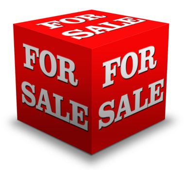 The words FOR SALE in white are placed on the sides of a red color cube