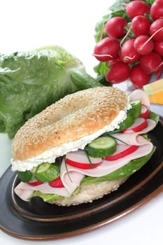 Bagel topped with a breast of turkey, radishes and cucumber

