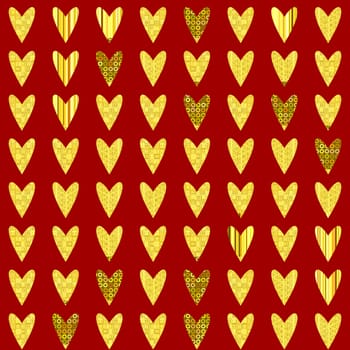 gloden hearts pattern on a red background