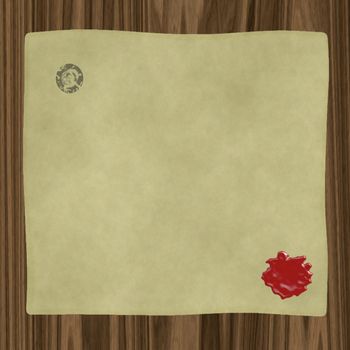 an old paper on wooden background with wax seal