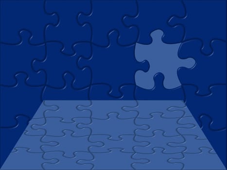 A blue puzzle perspective background ith piece missing