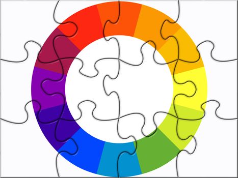 The color wheel on a white puzzled background