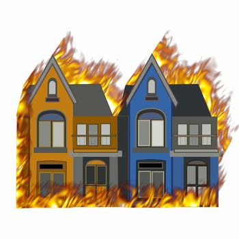 burning house on fire with flames on all sides