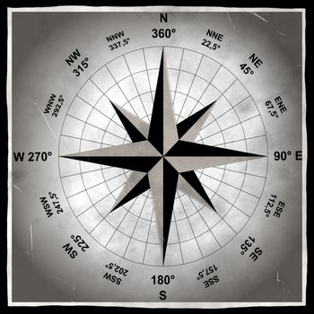 black and white photograph of an old compass drawing