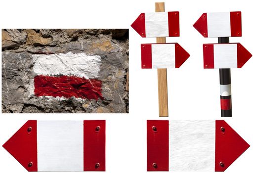 Five red and white signposts for paths in Italy