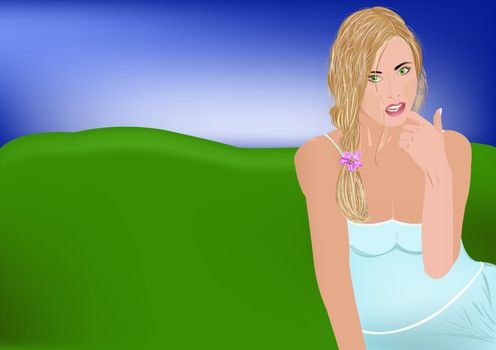 The beautiful romantic rural girl against a green summer meadow and the dark blue sky