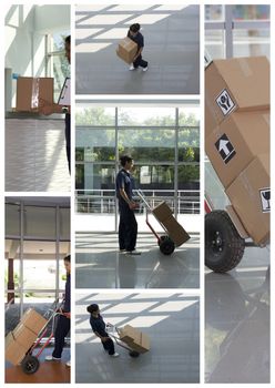Side view of delivery woman in uniform pushing stack of cardboard boxes on dolly