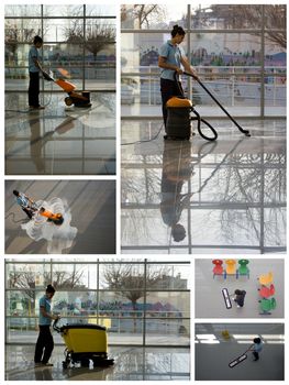 A worker is cleaning the floor with equipment