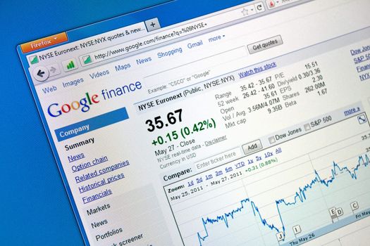 Kiev, Ukraine - May 29, 2011 - Google finance web page in the firefox browser window. Google the most visited site in the world and have a powerfull search engine in the internet.