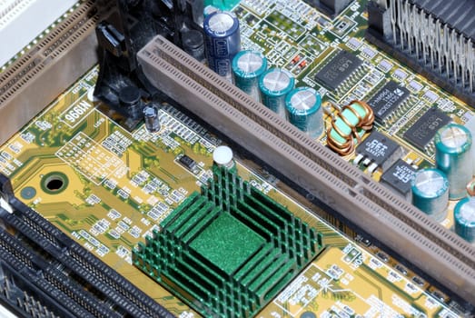 Motherboard, processor and other electronic computer components close up